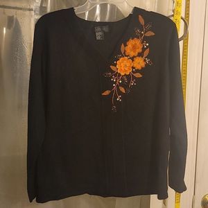 Jenny sz Med, Blk with orange copper embroidered yarn flowers & beads.